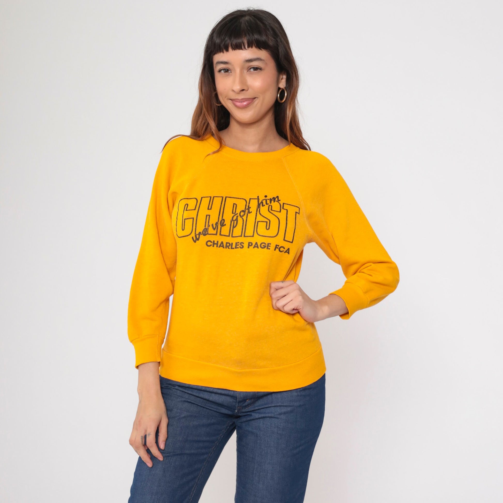 80s Christian FCA Sweatshirt 'Christ We've Got Him' Yellow Raglan Extra Small