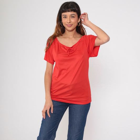 70s Red Bow Neck Blouse Short Raglan Sleeve Tunic Top Extra Small