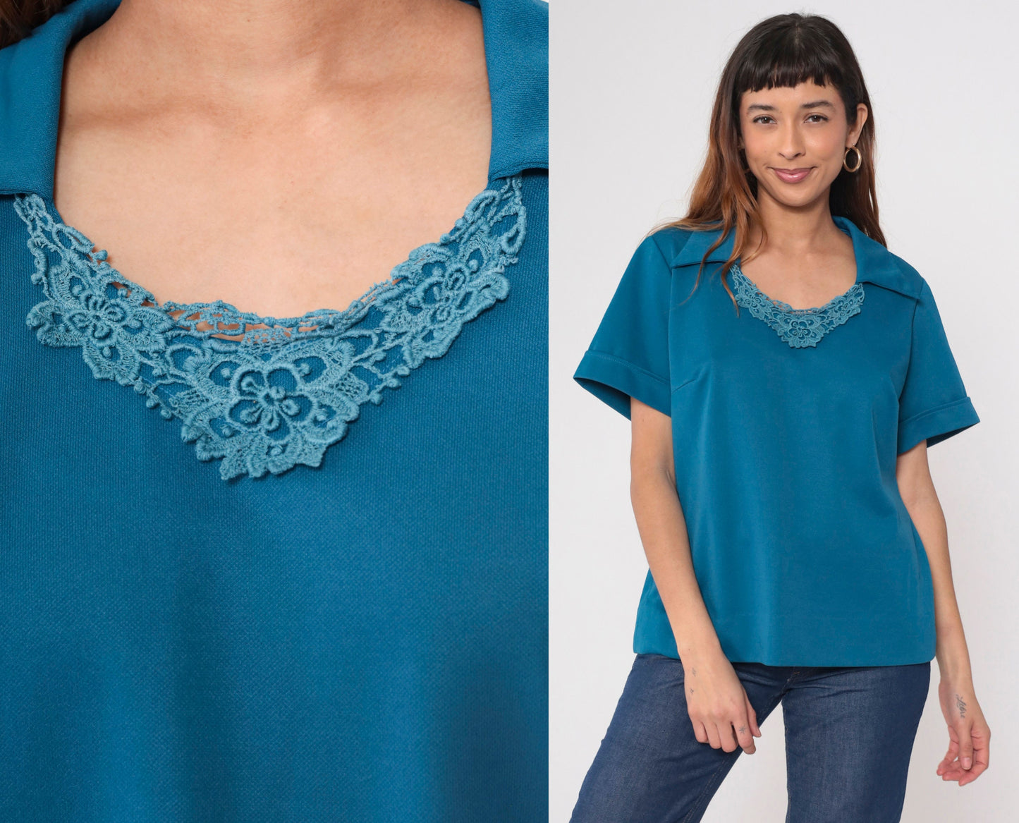 70s Blue Lace Collar Blouse Pointed Crochet Trim Short Sleeve Large L