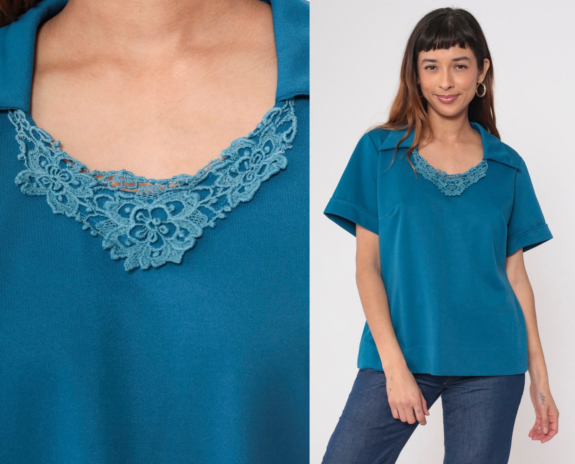 70s Blue Lace Collar Blouse Pointed Crochet Trim Short Sleeve Large L