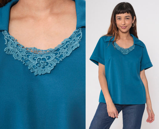 70s Blue Lace Collar Blouse Pointed Crochet Trim Short Sleeve Large L