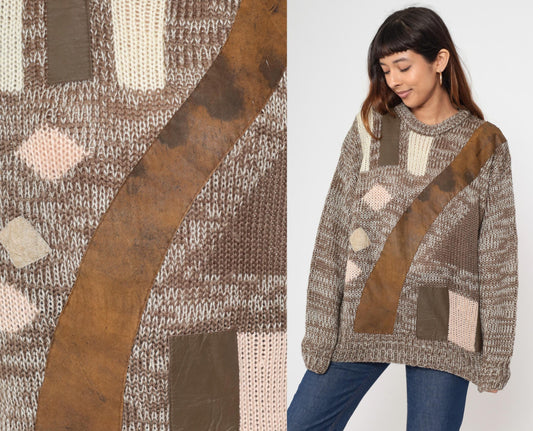 80s Brown Geometric Acrylic Sweater Leather Patch Crewneck Large L