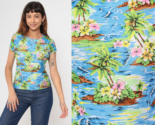 90s Hawaiian Tropical Floral Raglan Baby Tee Medium