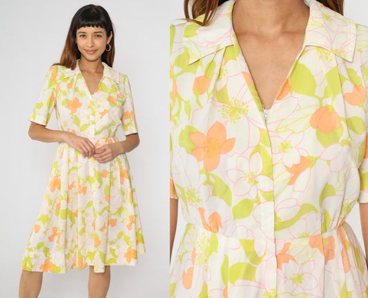 60s White Floral Day Dress High Waisted Front Zipper Pleated Knee Length Medium