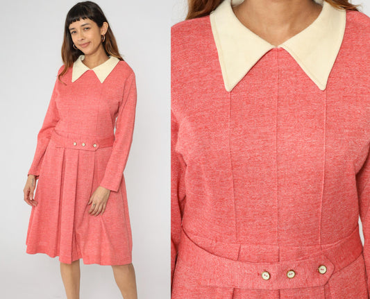 70s Mod Dress Pink Pleated Midi High Waist Contrast Collar Long Sleeve Large L