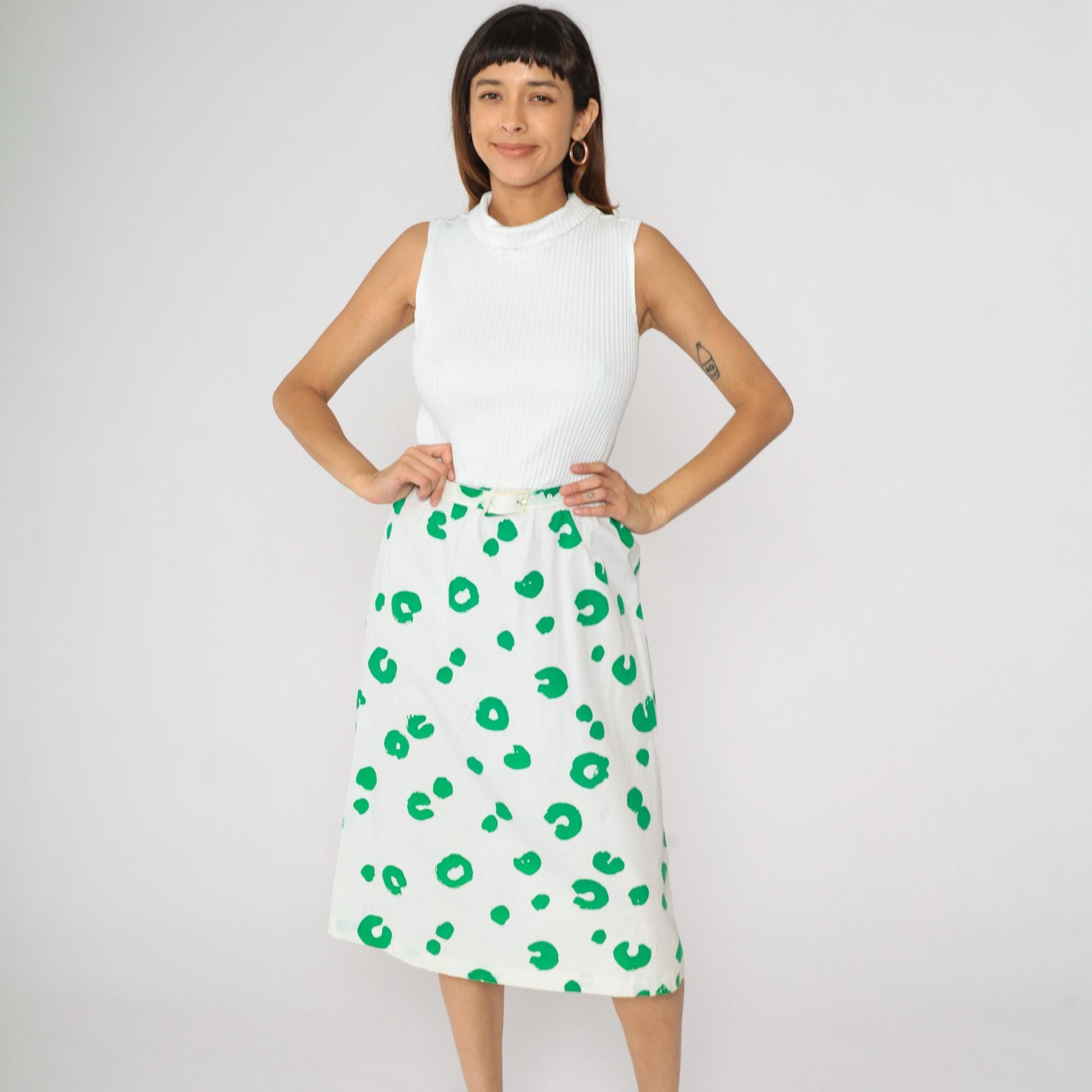 80s White Green Dot Midi Dress Mock Neck High Waist Belted Small