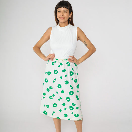 80s White Green Dot Midi Dress Mock Neck High Waist Belted Small