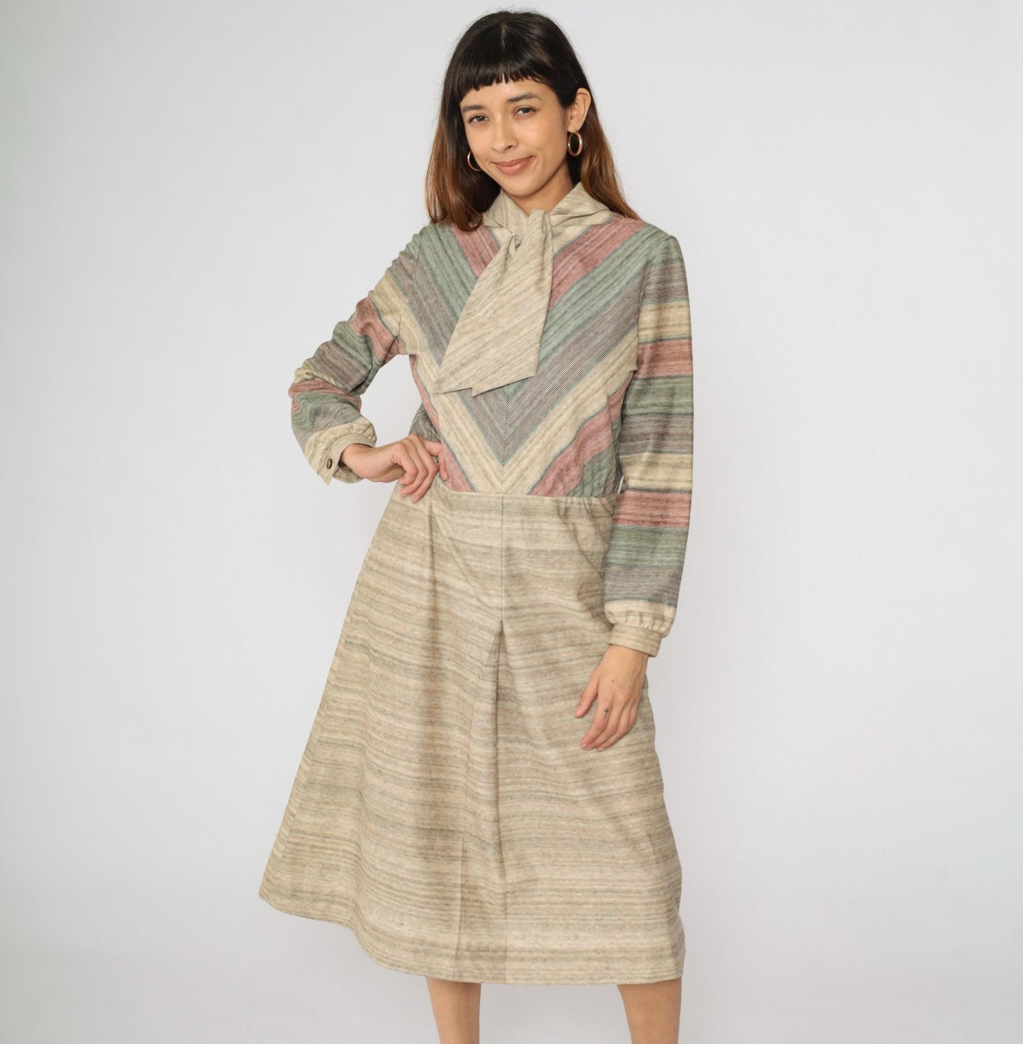 70s Kay Windsor Chevron Stripe Midi Dress Taupe Ascot Long Sleeve Medium Large
