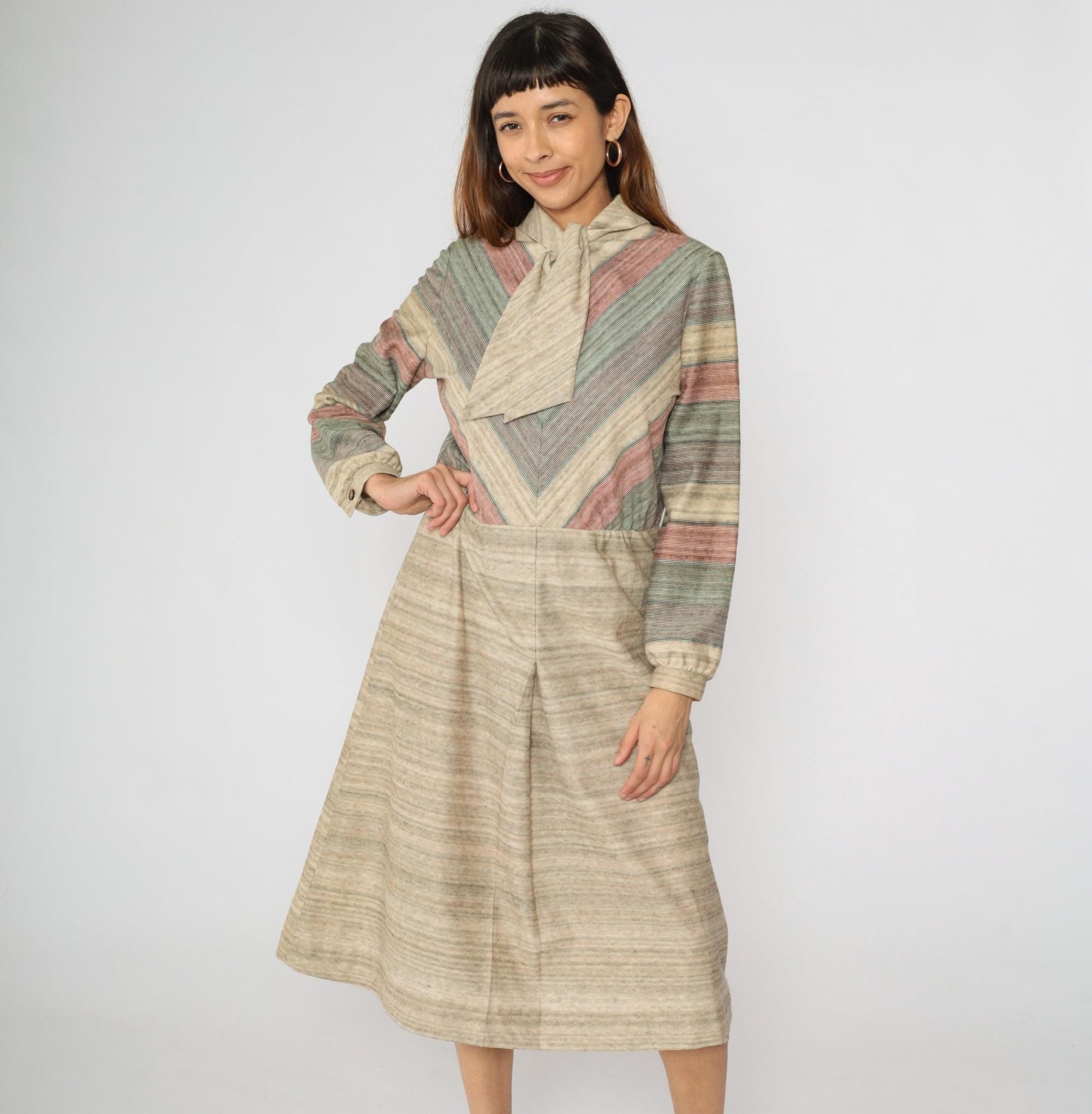 70s Kay Windsor Chevron Stripe Midi Dress Taupe Ascot Long Sleeve Medium Large