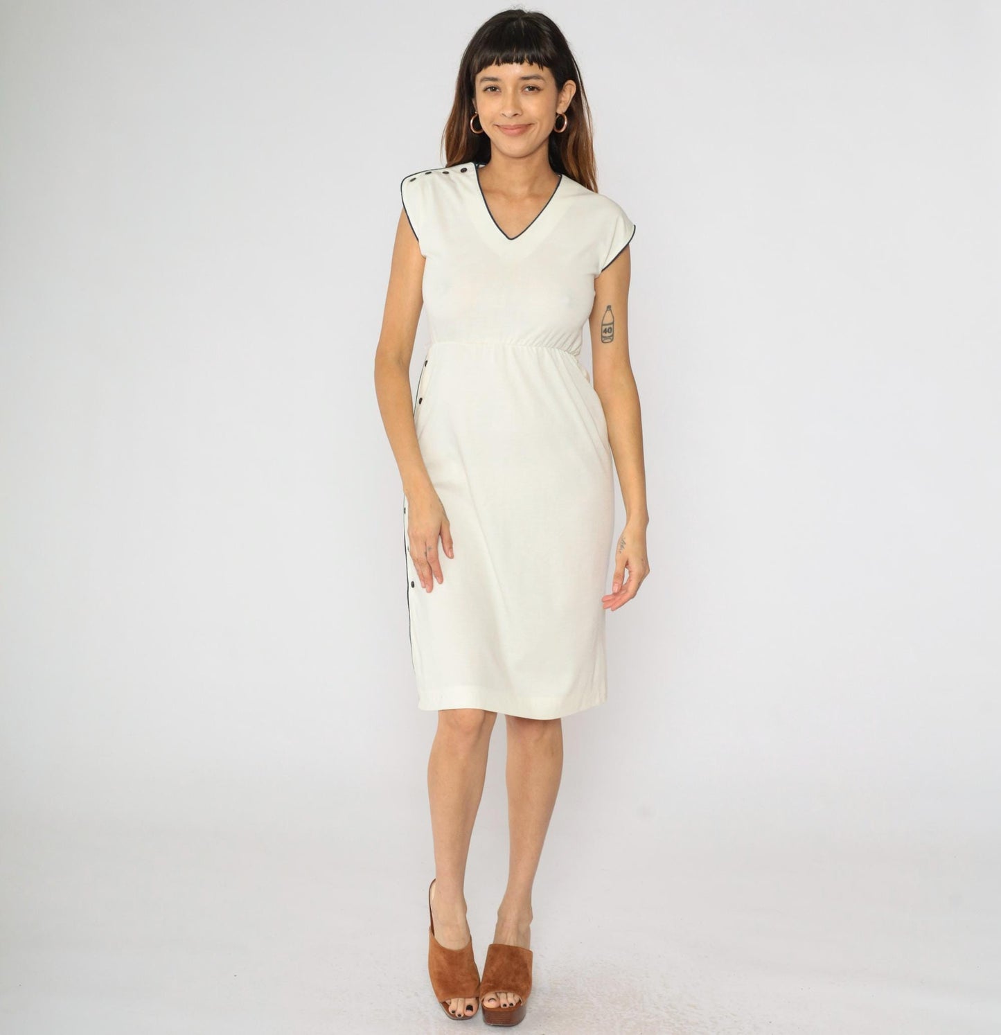 80s Lisette Cream Midi Dress Navy Piping V-Neck Cap Sleeve Extra Small