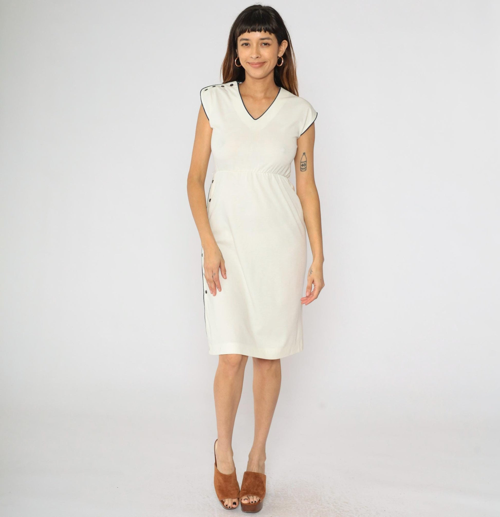80s Lisette Cream Midi Dress Navy Piping V-Neck Cap Sleeve Extra Small