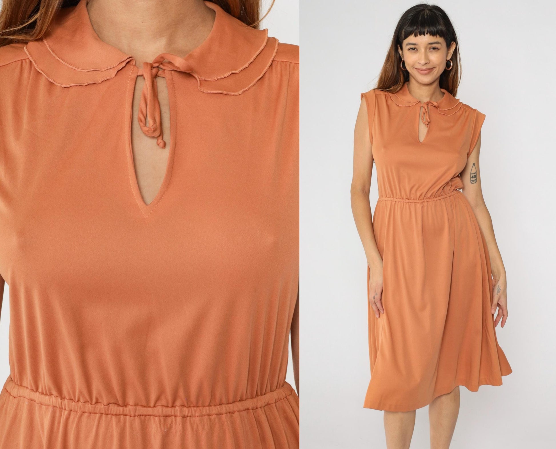70s Burnt Orange Keyhole Midi Dress Peter Pan Collar Cap Sleeve Small
