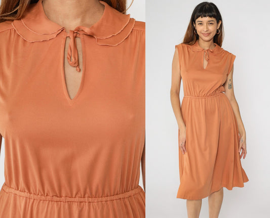 70s Burnt Orange Keyhole Midi Dress Peter Pan Collar Cap Sleeve Small