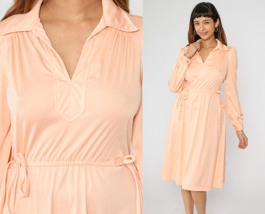 70s Peach Midi Dress Puff Sleeve Collared V-Neck High Waist Tie Side Medium