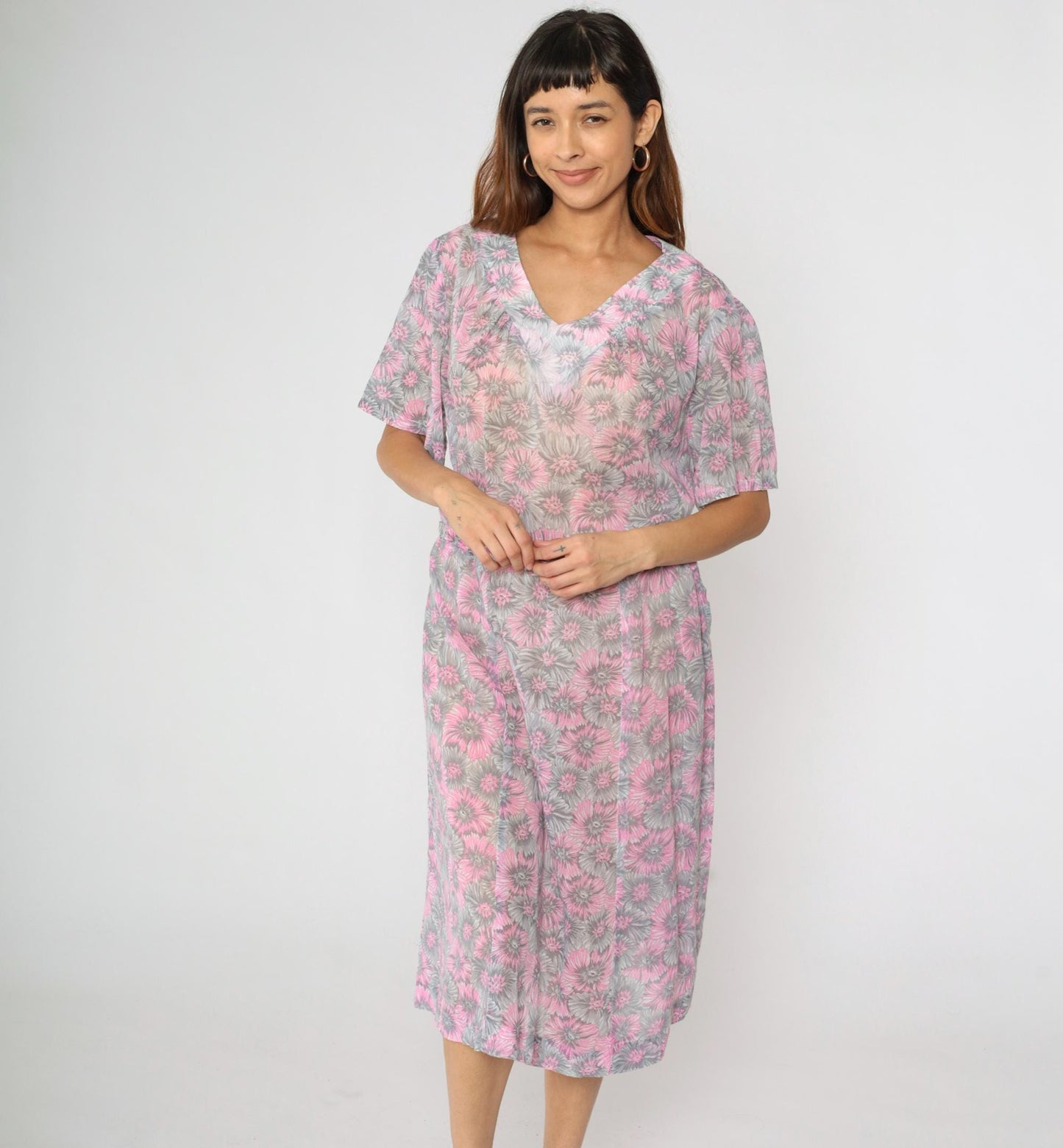 60s Floral Shift Dress Pink Grey Flower Print Midi V-Neck Short Sleeve Extra Large