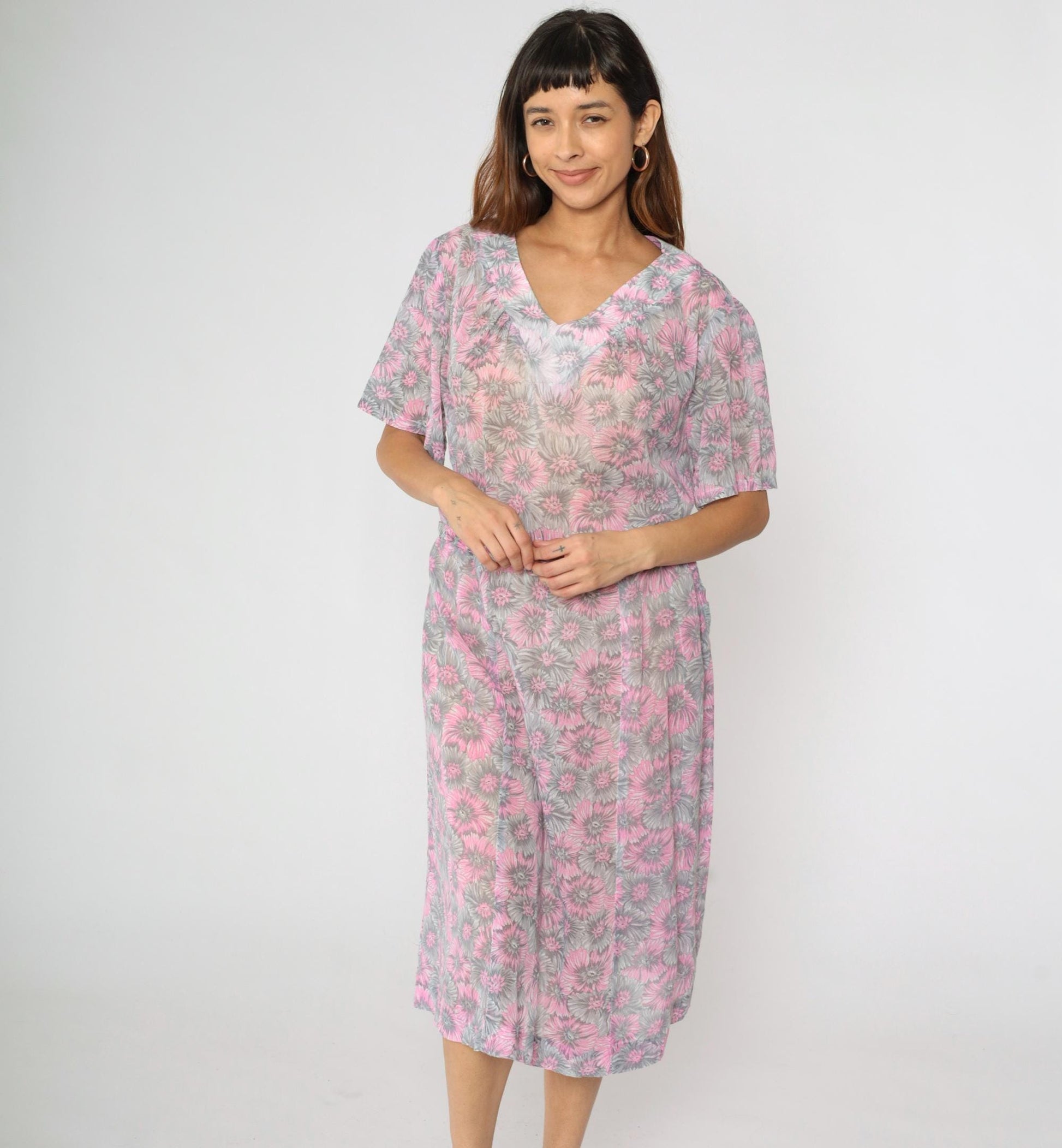 60s Floral Shift Dress Pink Grey Flower Print Midi V-Neck Short Sleeve Extra Large