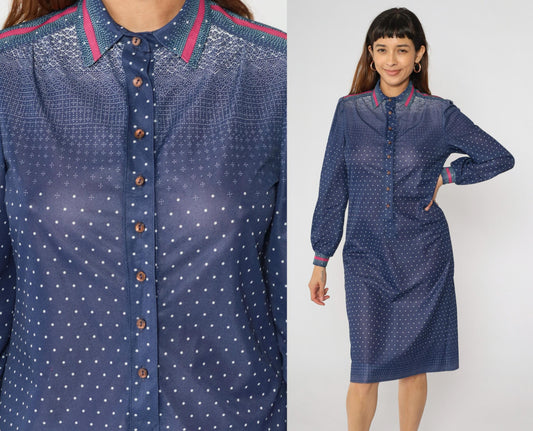 70s Dark Blue Polka Dot Shirtdress Midi Puff Sleeve Collared Button-Up Medium