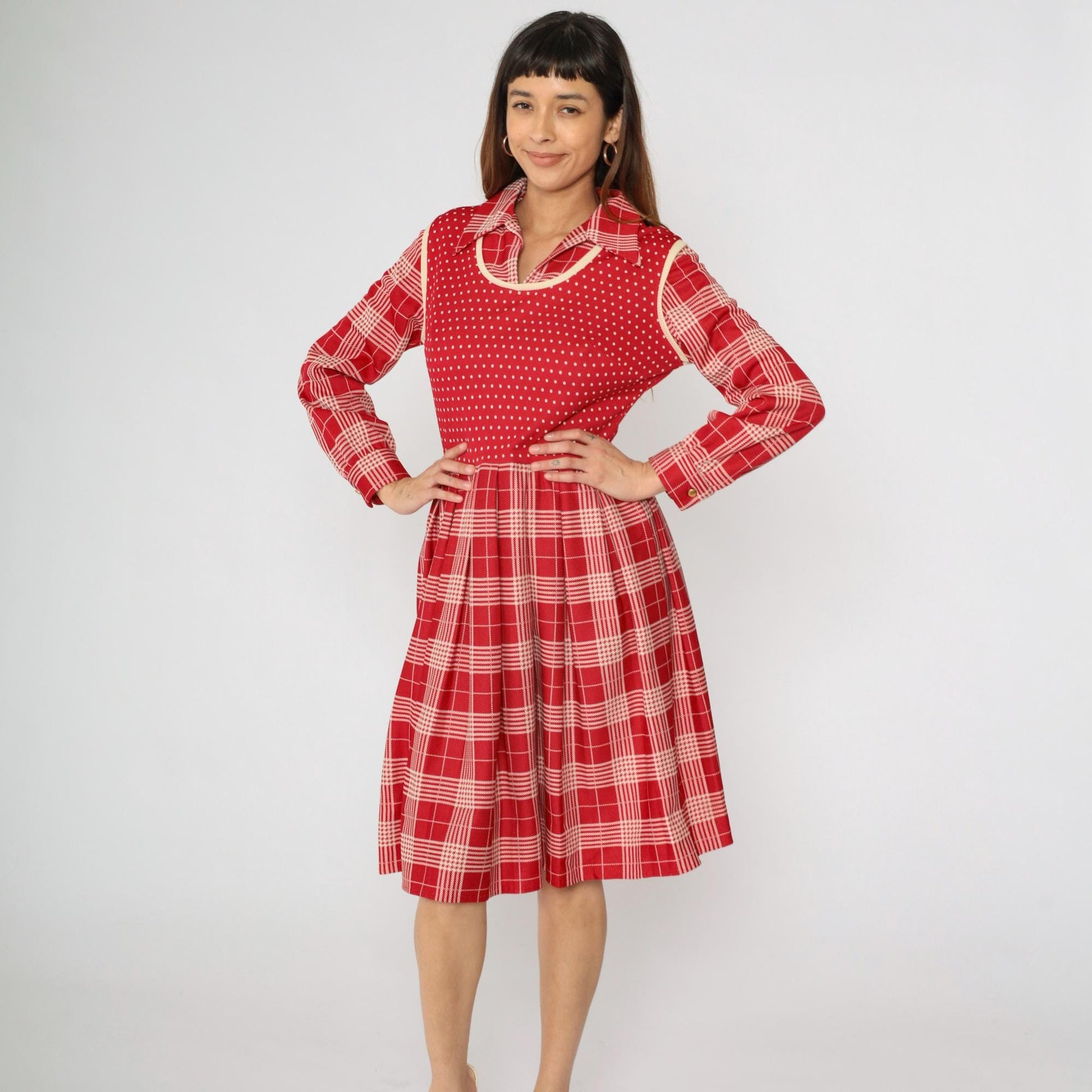 70s Plaid Polka Dot Dress Red High Waist Pleated Vest Midi Medium