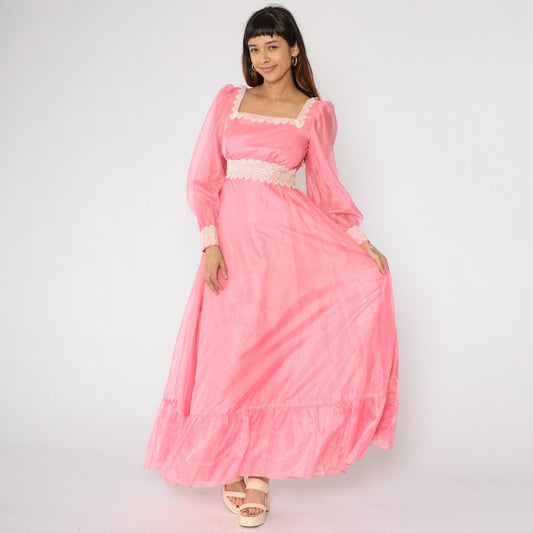 70s Pink Taffeta Evening Gown Puff Sleeve Square Neck Empire Waist Small