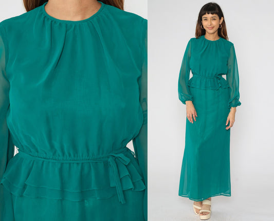 70s Teal Chiffon Maxi Dress High Waist Ruffle Sheer Sleeves Small