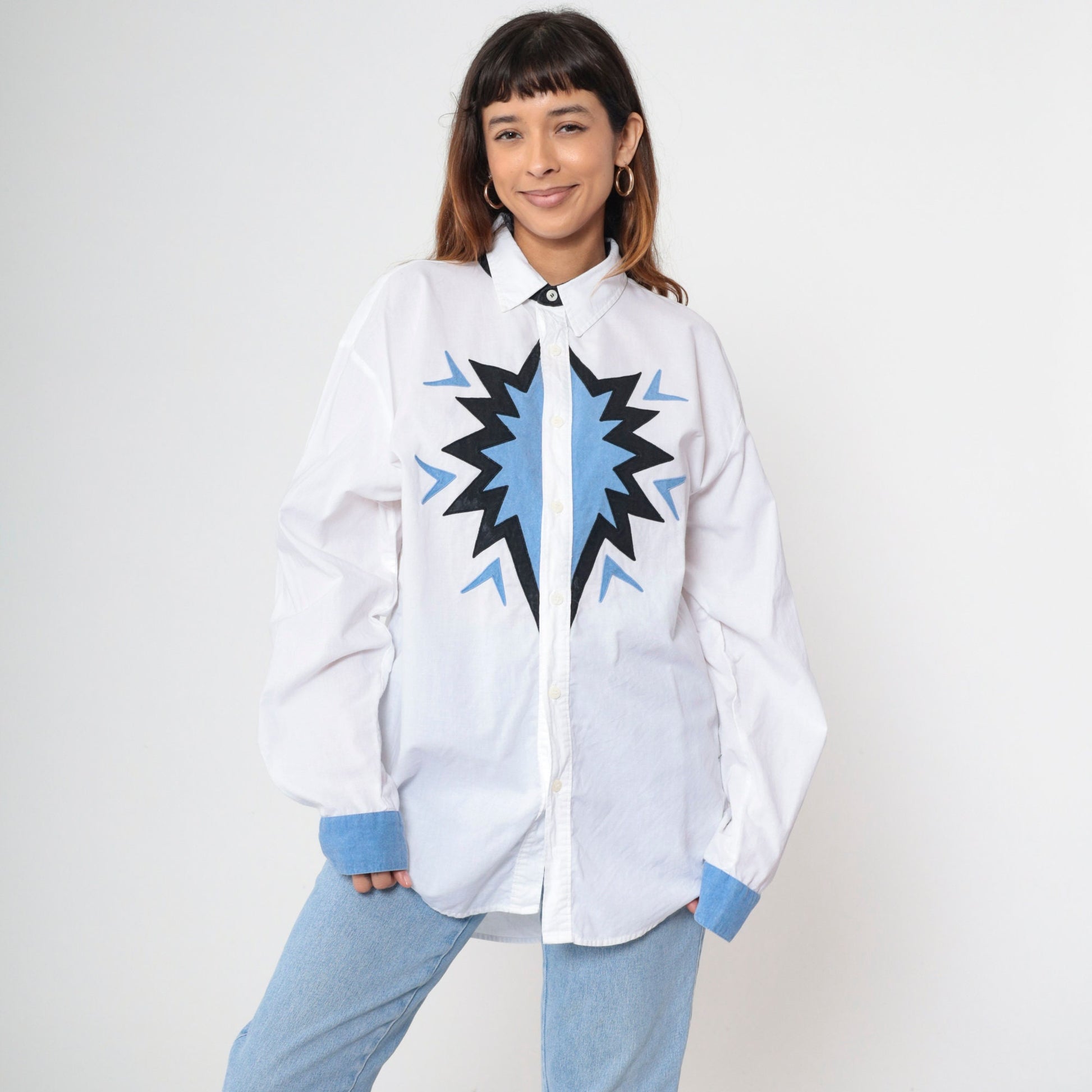 Y2K Southwestern Graphic Western Button-Up Shirt White Cotton Extra Large XXL