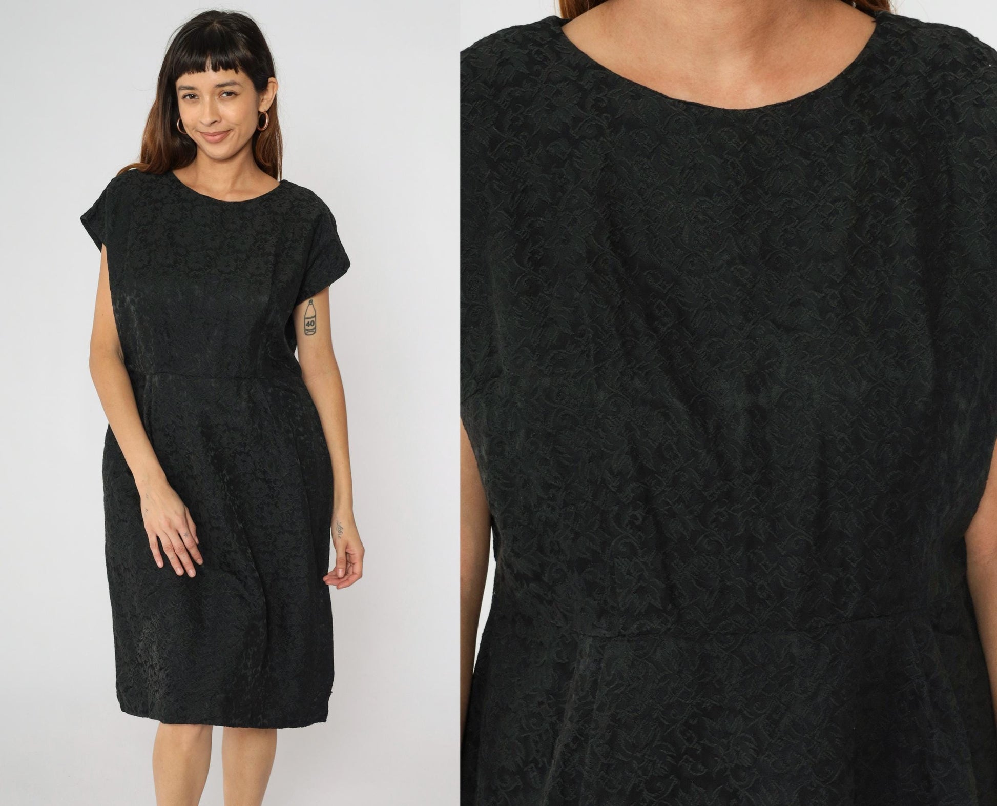 60s Black Brocade Sheath Dress Floral Cap Sleeve Midi Large L