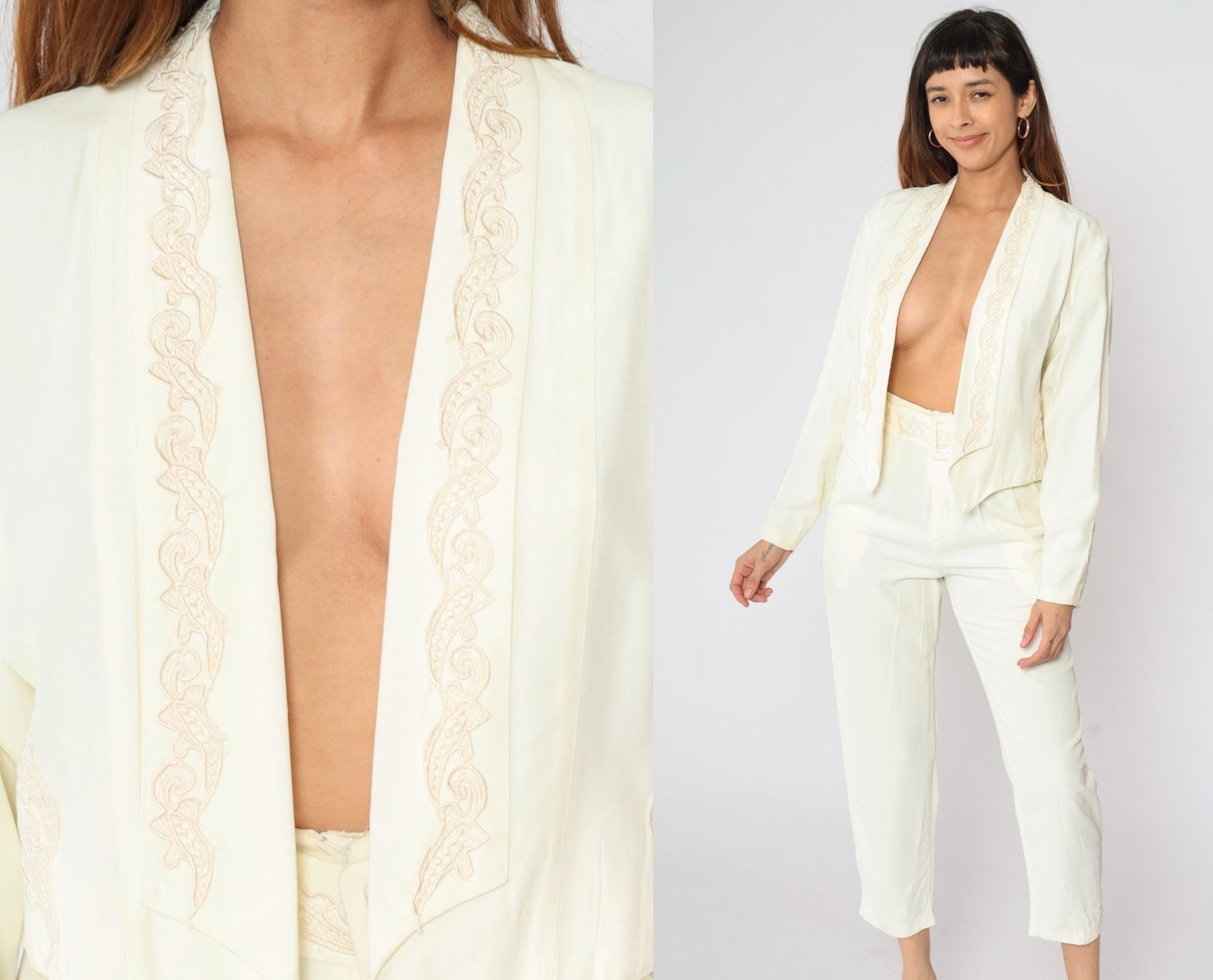 80s Two Piece Suit Cream Embroidered Blazer & Tapered Pants Set Small