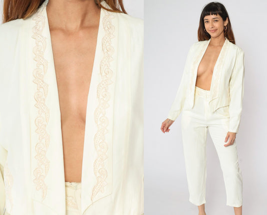 80s Two Piece Suit Cream Embroidered Blazer & Tapered Pants Set Small
