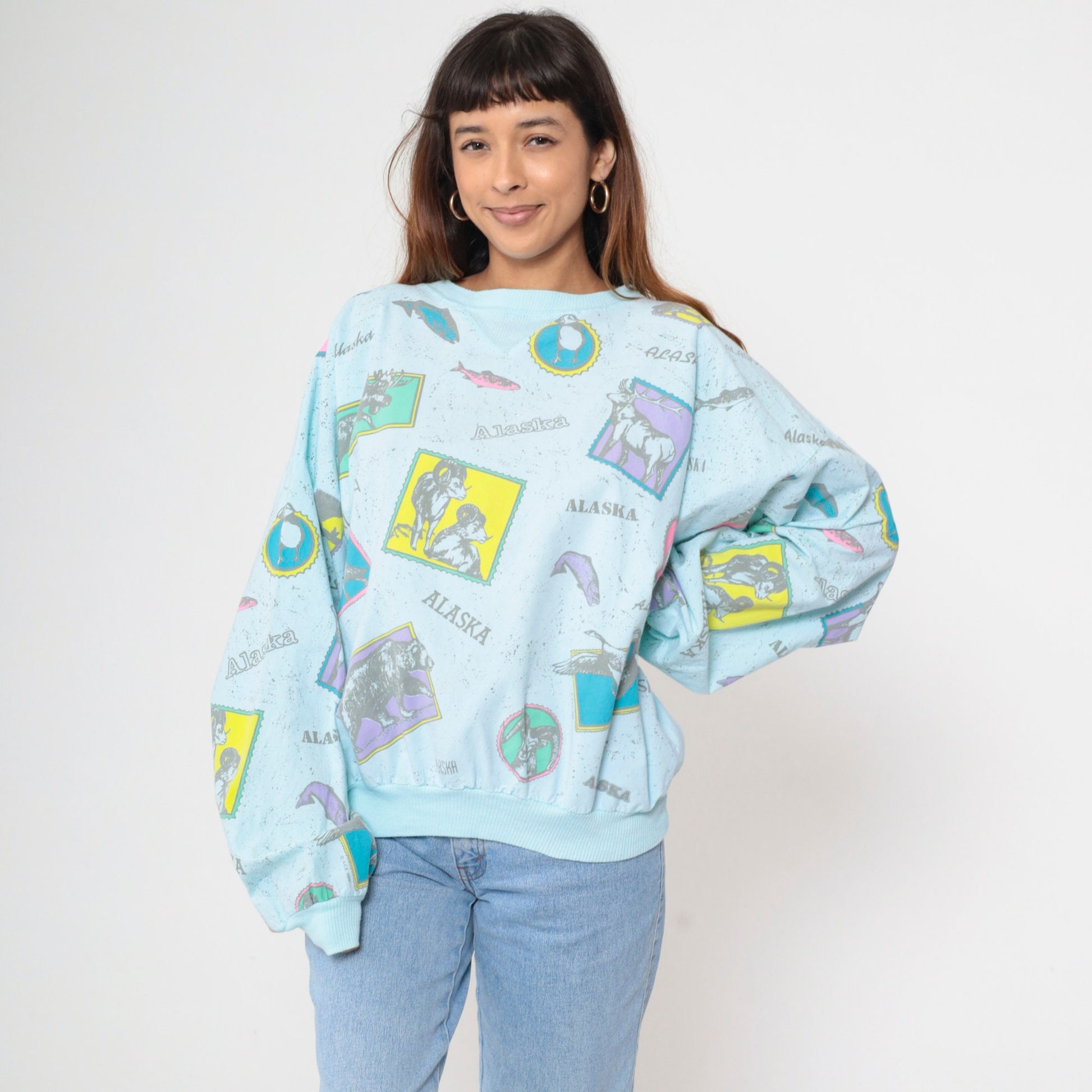 80s Alaska Wildlife Graphic Sweatshirt Light Blue Cotton Pullover Extra Large XL