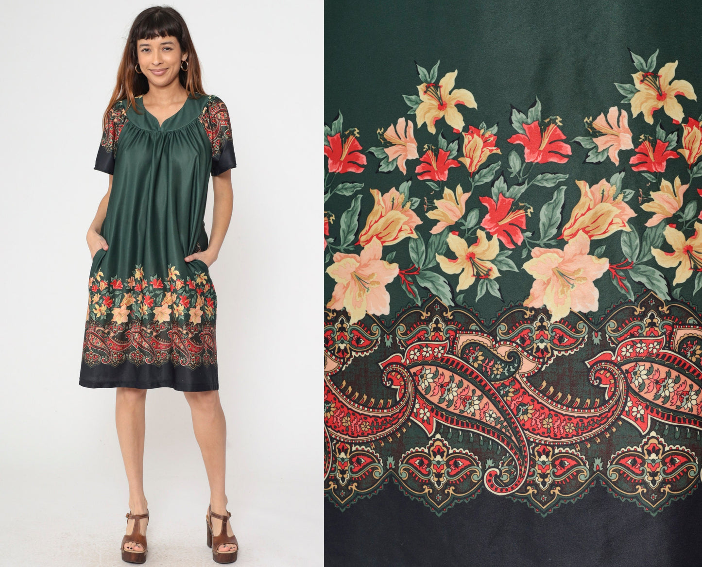 70s Dark Green Floral Paisley Tent Dress Midi Pockets Short Sleeve Extra Large