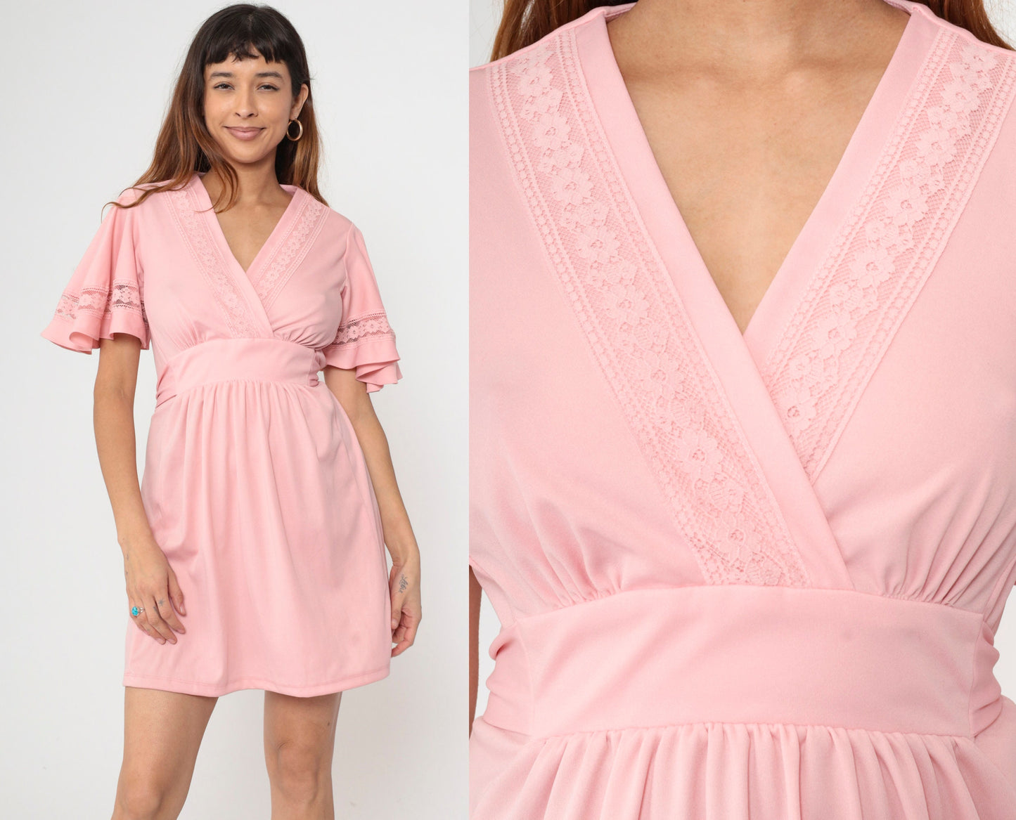 70s Pink Babydoll Dress Flutter Sleeve Empire Waist Mini V-Neck Small Medium