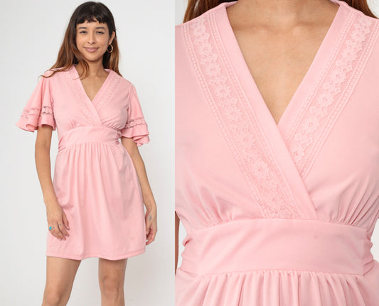 70s Pink Babydoll Dress Flutter Sleeve Empire Waist Mini V-Neck Small Medium