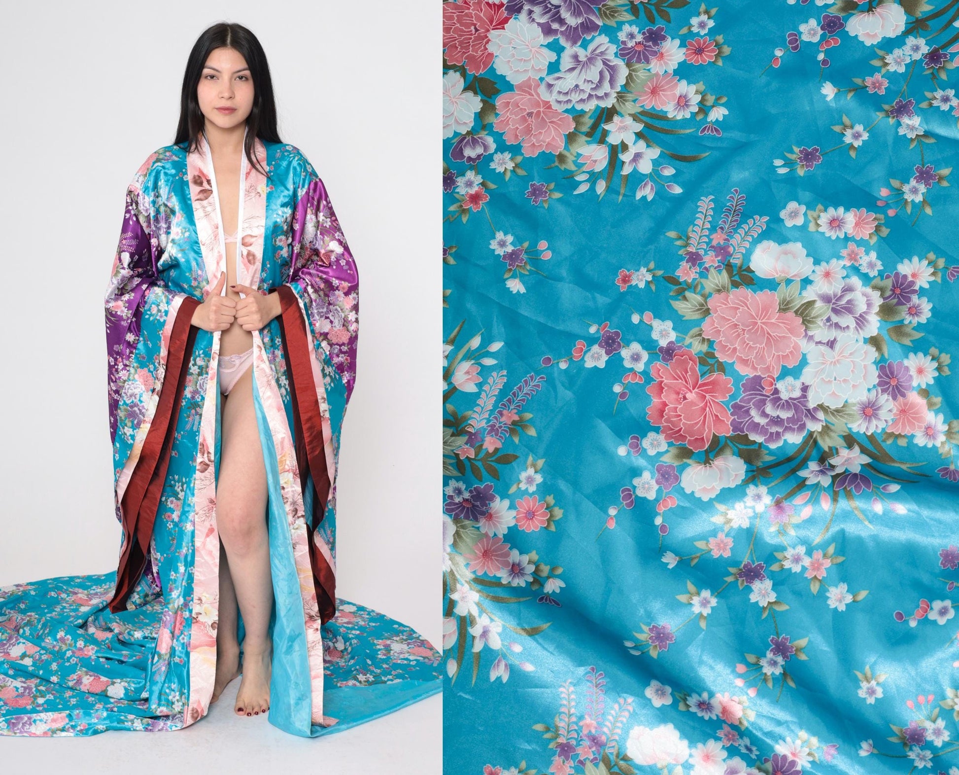 Vintage Floral Silk Kimono Robe Turquoise Purple Long Train Open Front