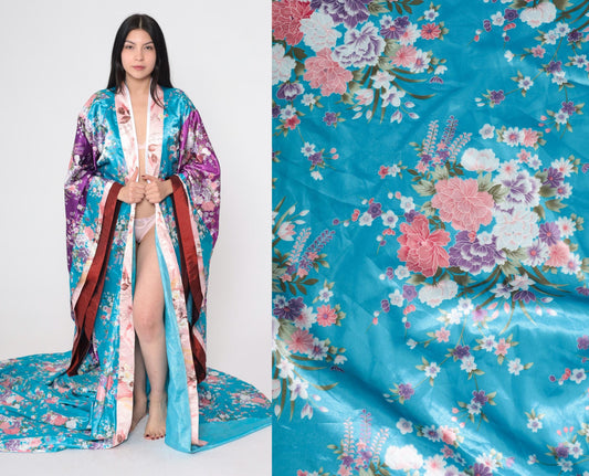 Vintage Floral Silk Kimono Robe Turquoise Purple Long Train Open Front