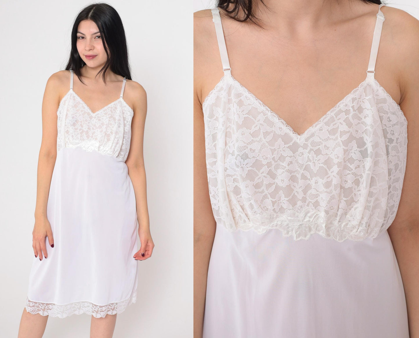 70s White Lace Slip Dress Midi V-Neck Spaghetti Strap Nightgown Medium