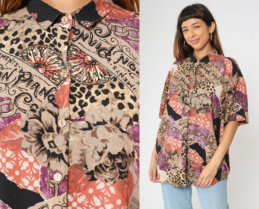 90s Caliche Mixed Print Button Up Blouse Floral Leopard Chain Coral Taupe Large L