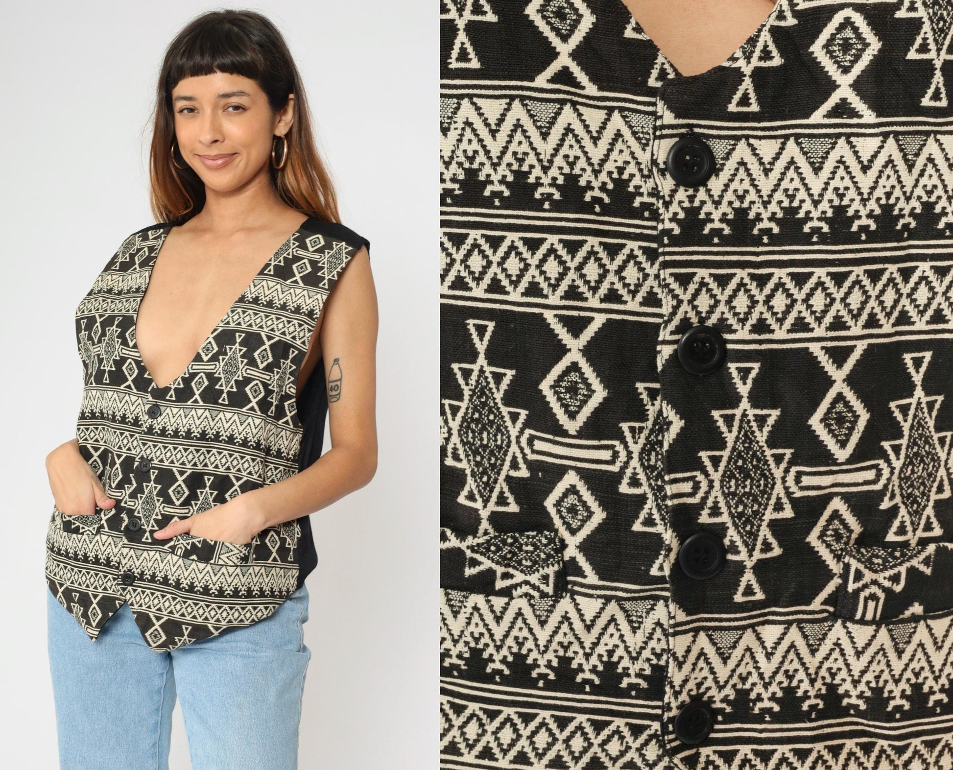 90s Southwestern Tapestry Vest Men's Button Up Sleeveless Black Cream Geometric Large L