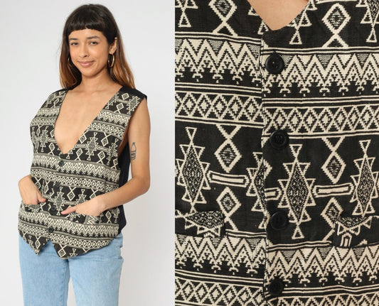 90s Southwestern Tapestry Vest Men's Button Up Sleeveless Black Cream Geometric Large L