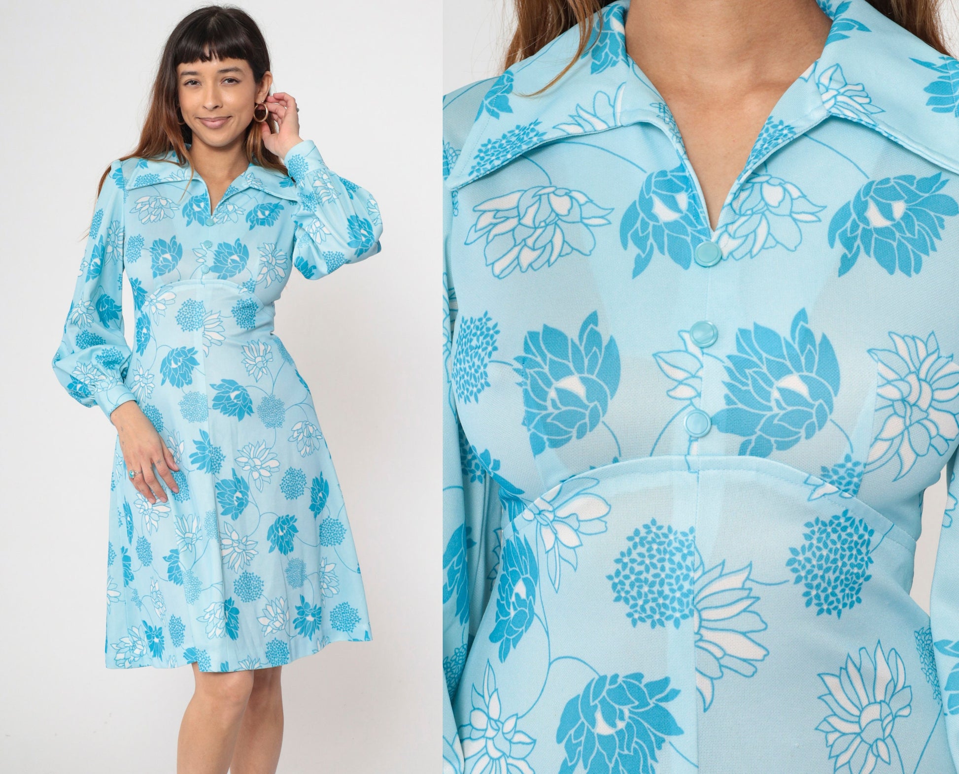 70s Blue Floral Mini Dress Empire Waist Dagger Collar Long Sleeve Small