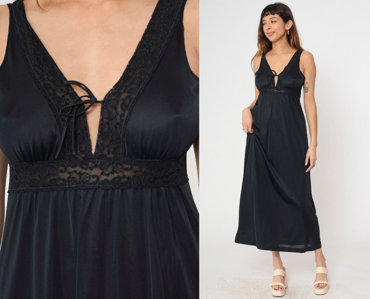 70s Black Nylon Maxi Slip Dress Empire Waist V Neck Lace Trim Medium