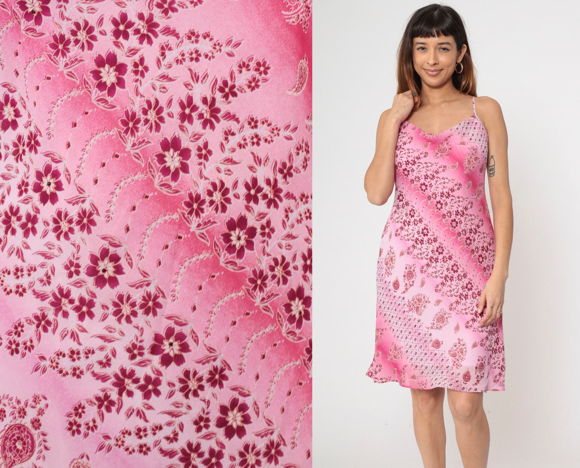 00s Pink Floral Paisley Spaghetti Strap Midi Dress Medium