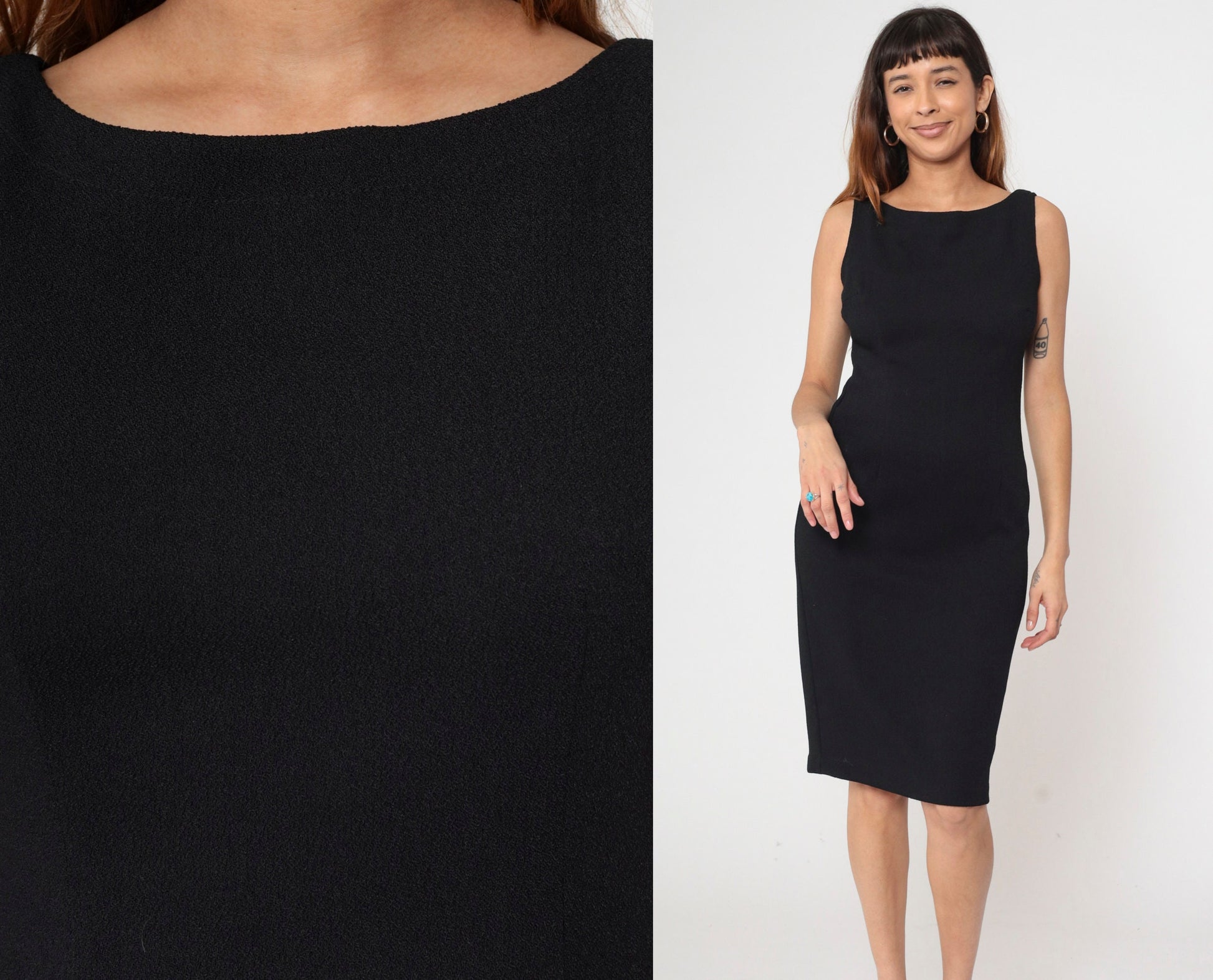 90s Black Mini Sheath Dress Sleeveless Boatneck Zipper Back Small