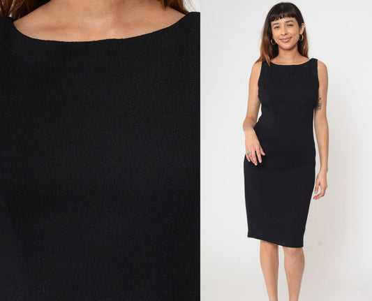 90s Black Mini Sheath Dress Sleeveless Boatneck Zipper Back Small