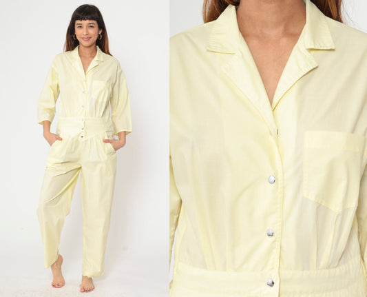 80s Yellow Jumpsuit Snap Button Tapered Leg Basque Waist Chest Pocket Medium