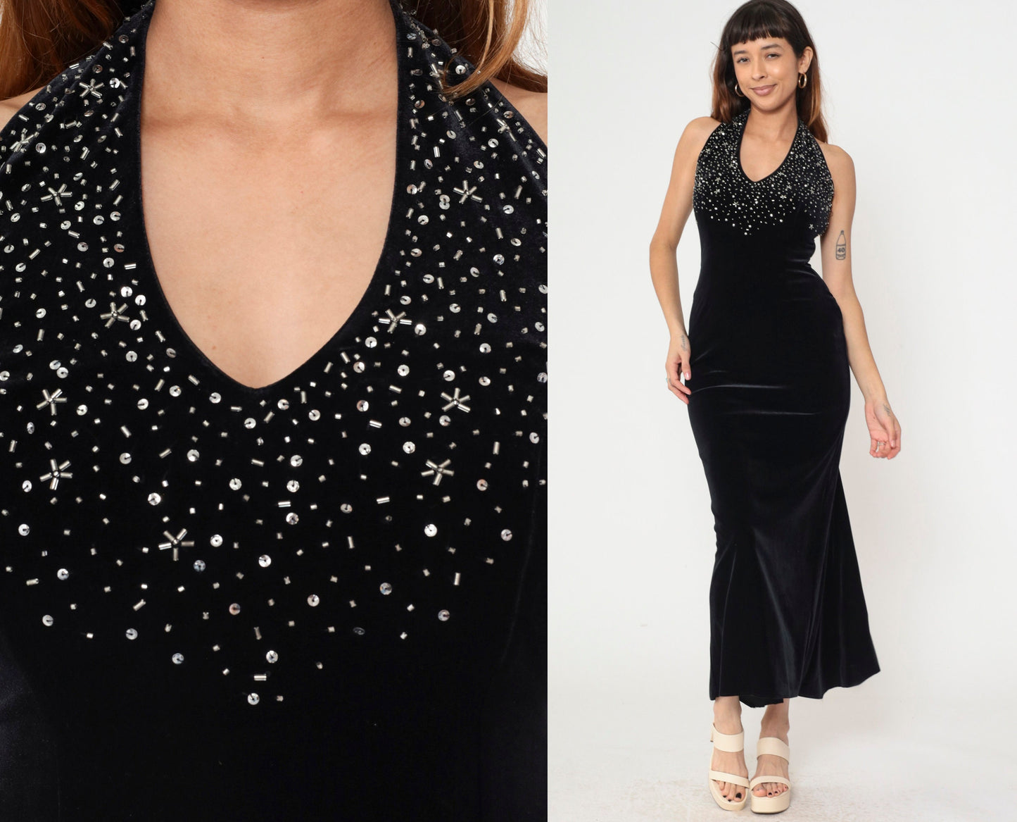 90s Dave & Johnny Black Velvet Halter Maxi Dress Beaded Sequin Sheath Extra Small
