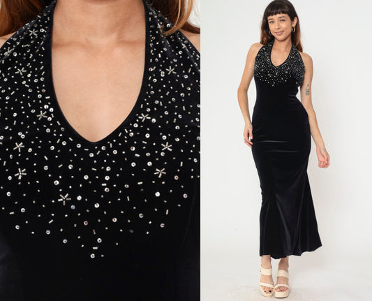 90s Dave & Johnny Black Velvet Halter Maxi Dress Beaded Sequin Sheath Extra Small