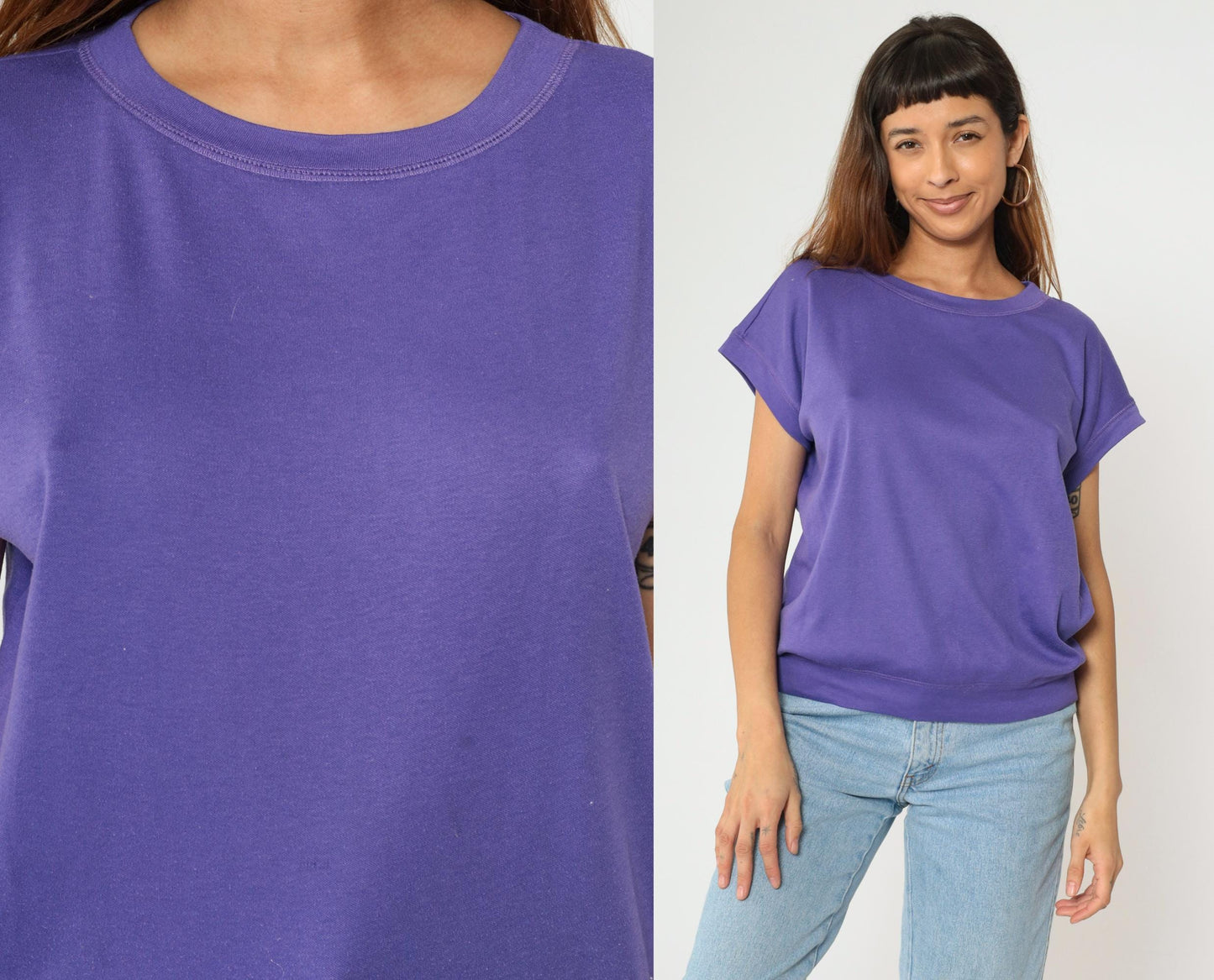 90s Purple T-Shirt Dolman Sleeve Banded Hem Slouchy Fit Large