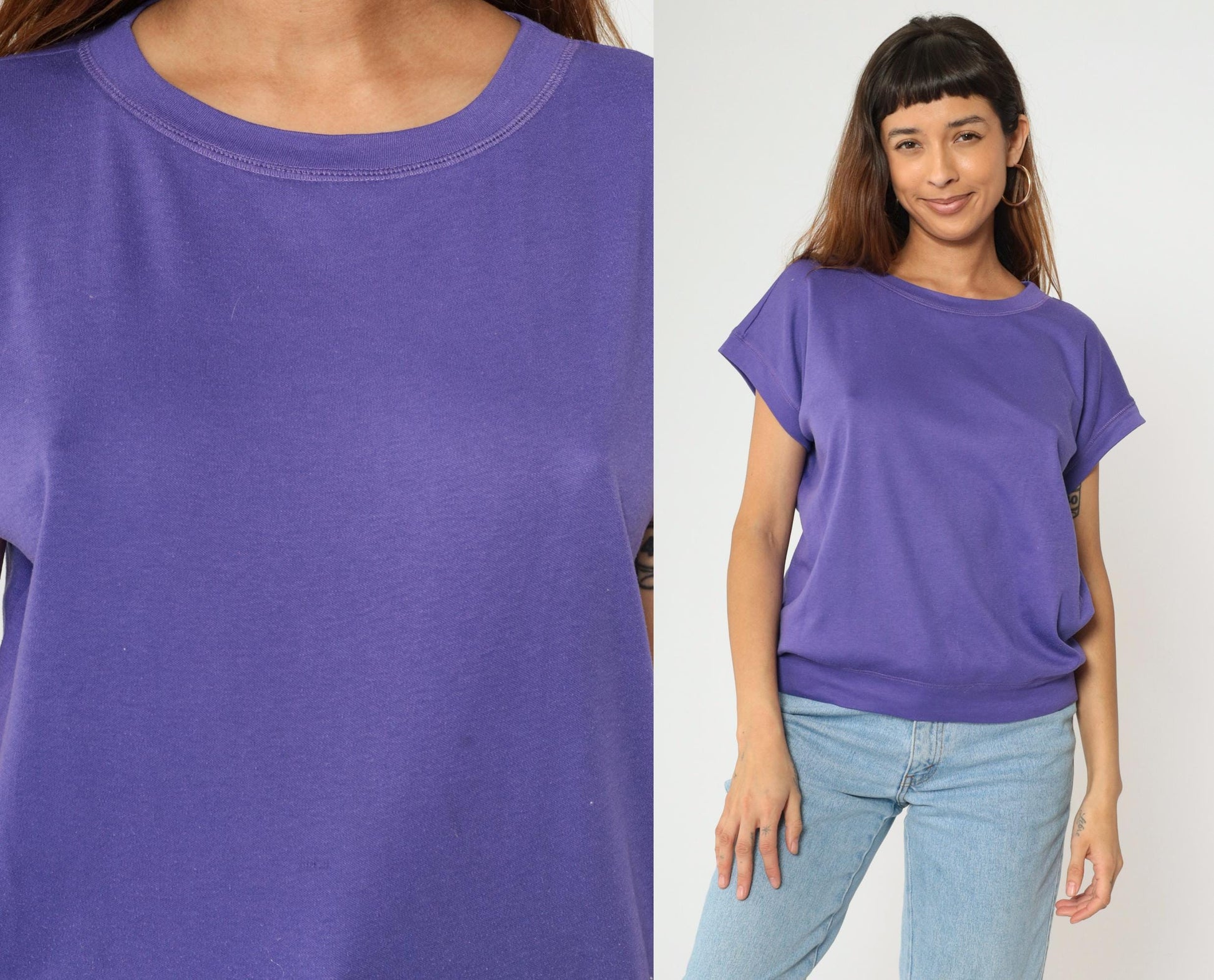 90s Purple T-Shirt Dolman Sleeve Banded Hem Slouchy Fit Large
