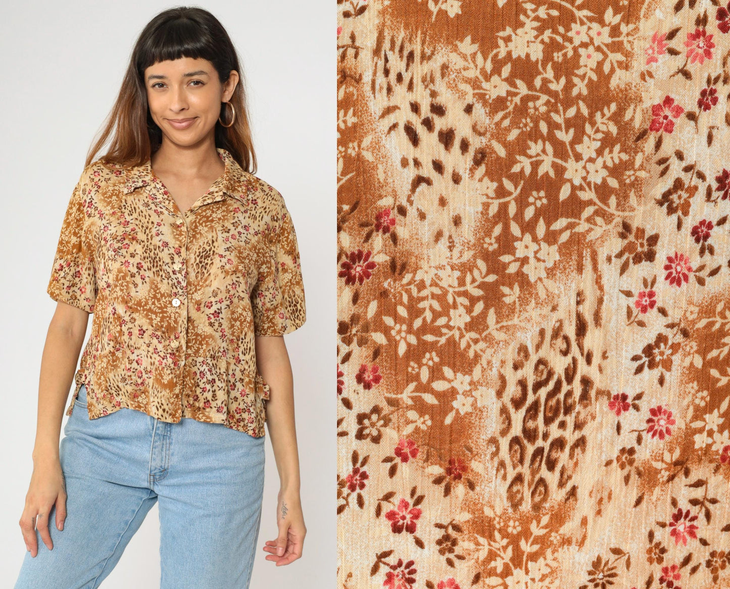 90s Kathie Lee Leopard Floral Button Up Blouse Tan Brown Short Sleeve Medium