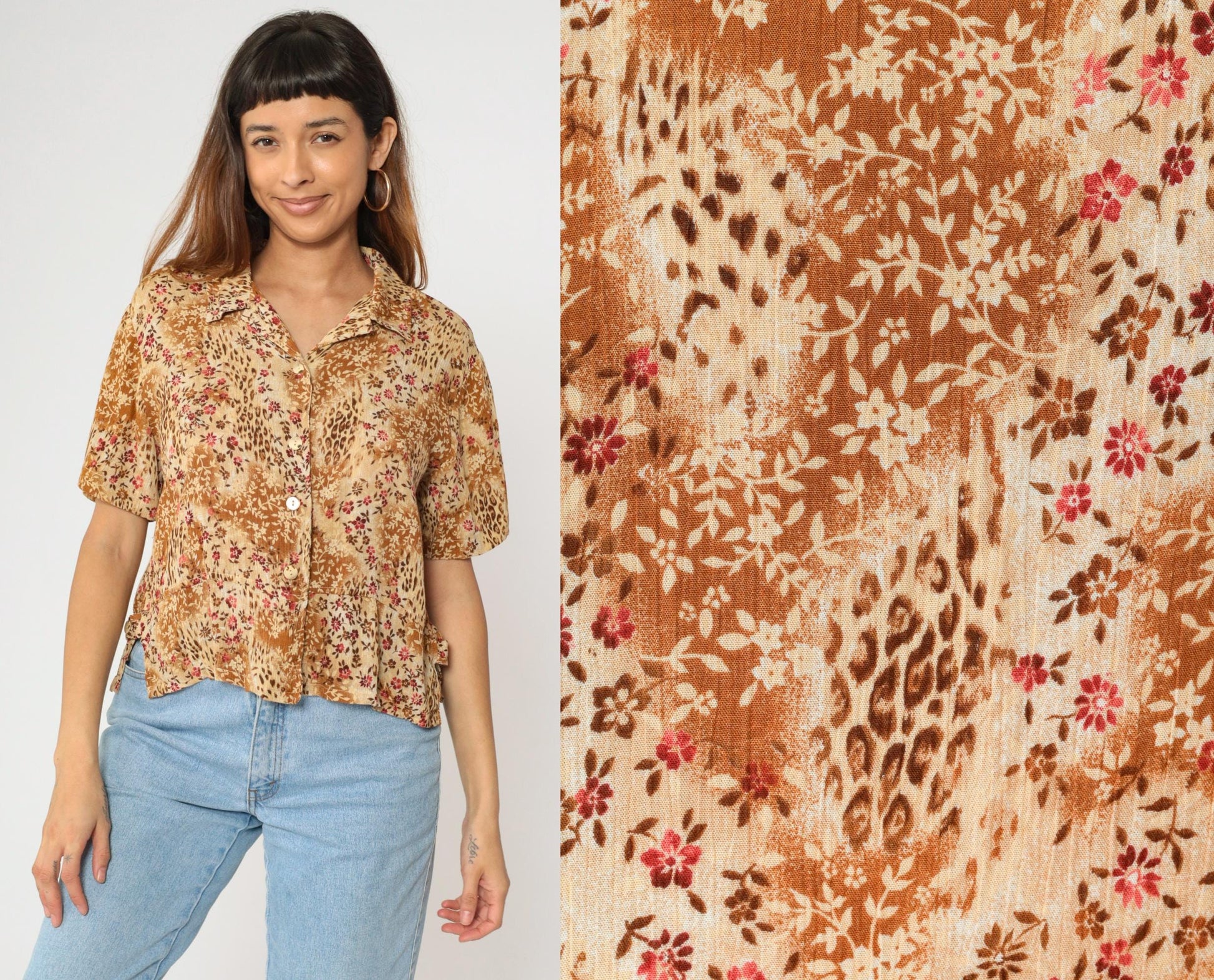 90s Kathie Lee Leopard Floral Button Up Blouse Tan Brown Short Sleeve Medium
